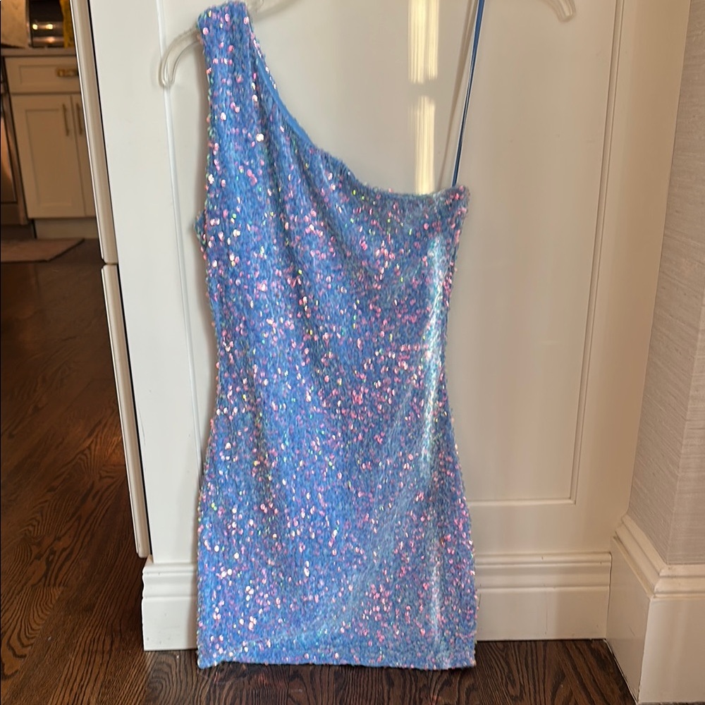 One-Shoulder Sequin Dress in Blue and Pink